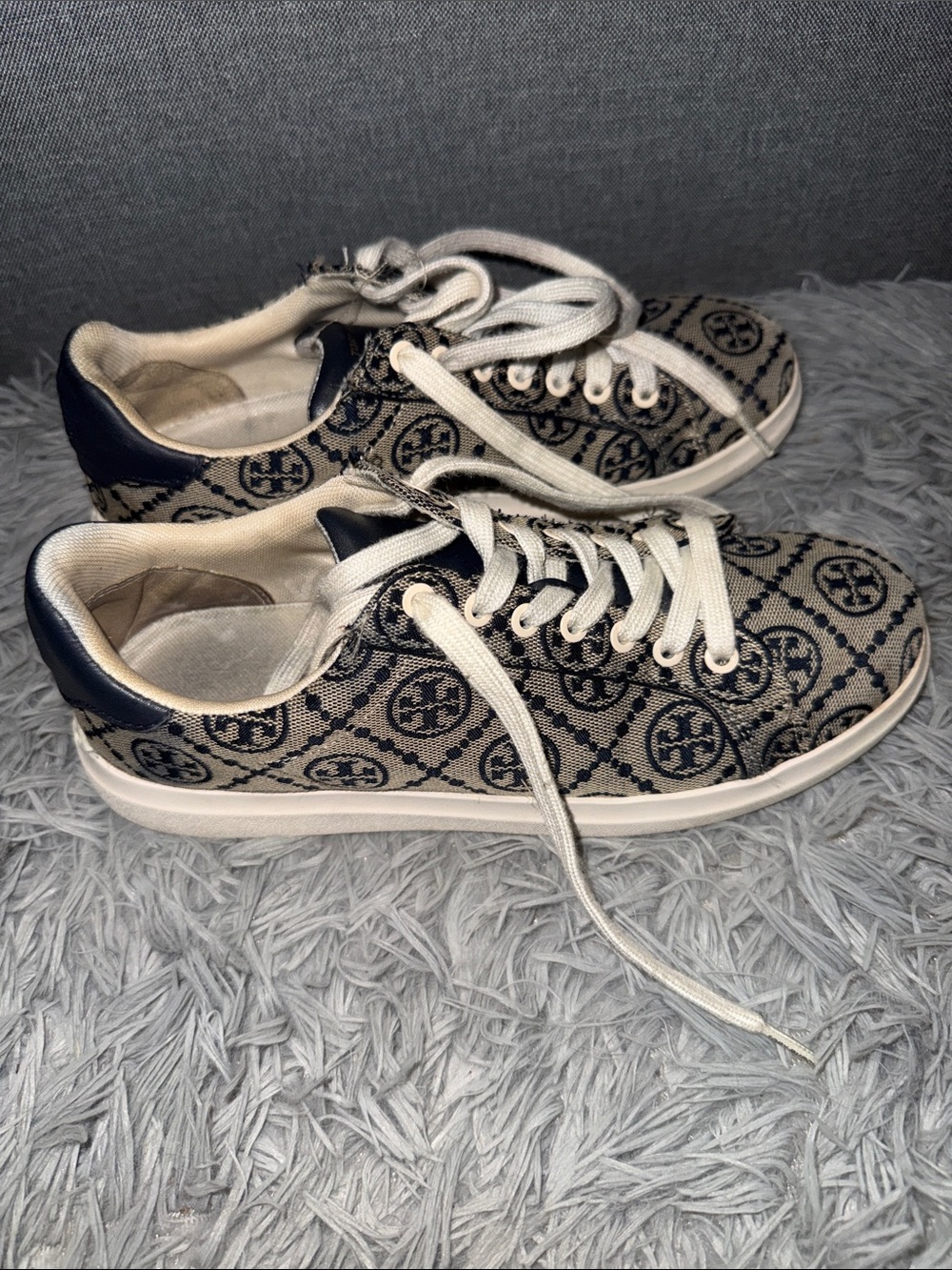 Tory Burch Canvas Logo-Print Kids Sneakers in Beige and Black